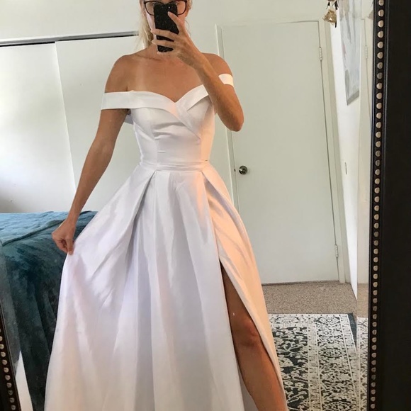 Off the shoulder wedding satin aline dress - Picture 2 of 5